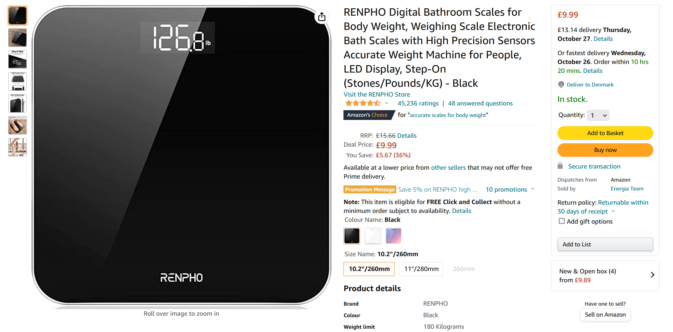 Amazon.com's product card on a sleek weighing scale.